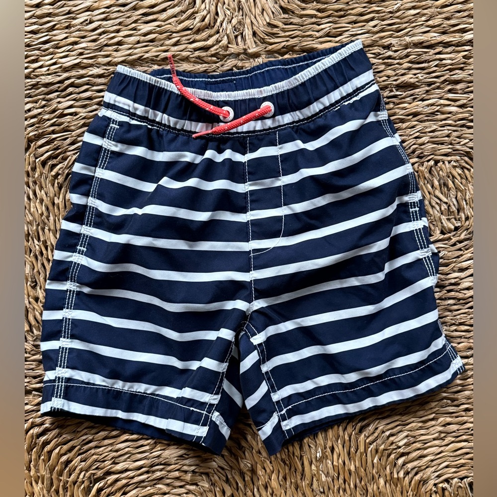 Boys Old Navy Navy & White Striped Swim Shorts with Neon Red Drawstring size S